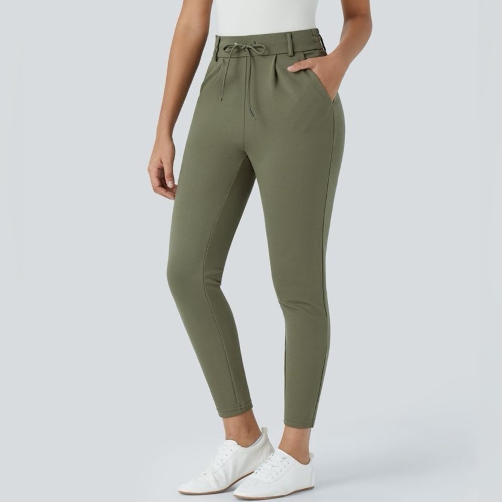 Halara Flex Midrise Drawstring Side Pocket Ankle Length Work Tapered Pant Green